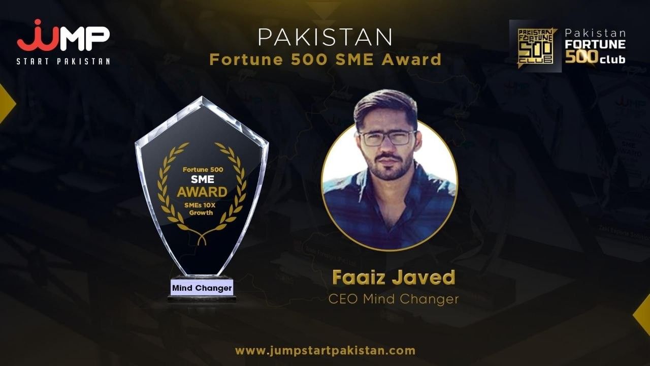 Pakistan Fortune 500 SME Award graphic for Faaiz Javed, CEO Mind Changer