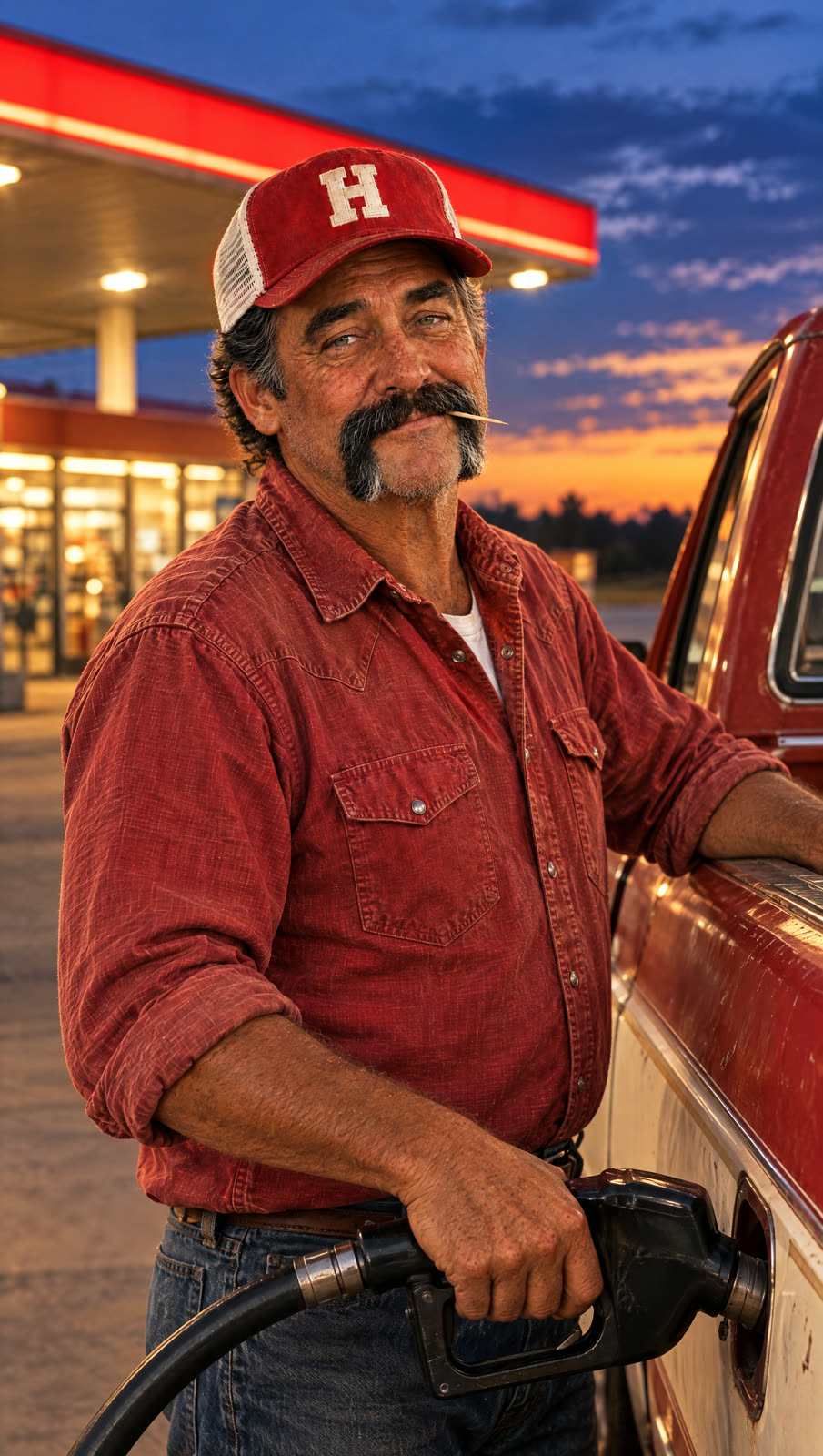 AI-generated film still of a man at a petrol station at dusk