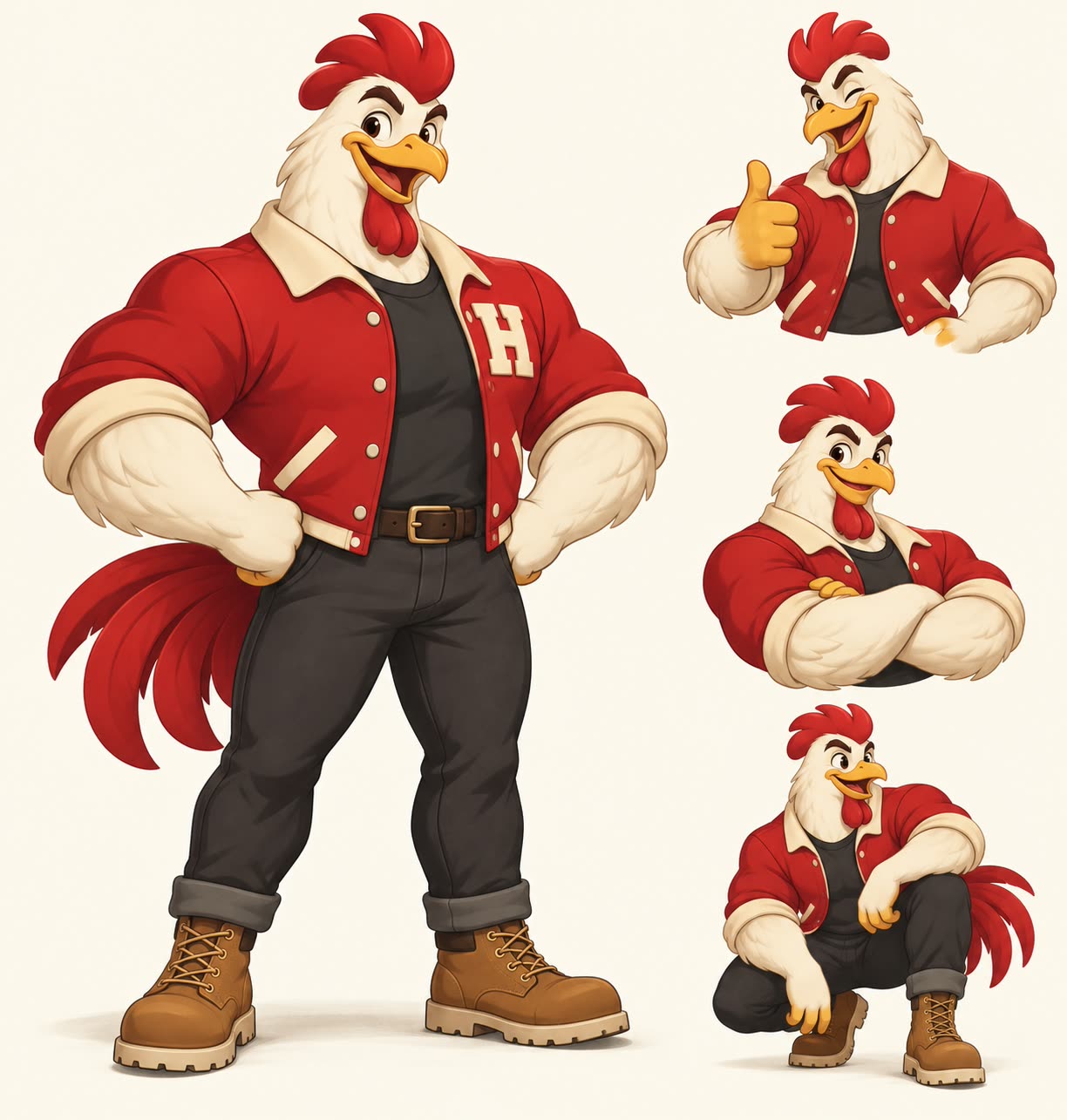 Hollis rooster, turnaround, AI-generated image from Hollis Hot Chicken (concept, unlaunched)