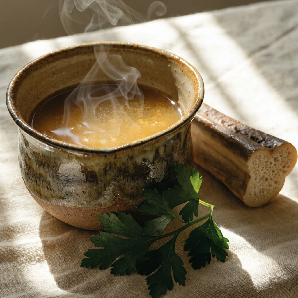 AI-generated editorial photograph of a bone broth jar on cream linen