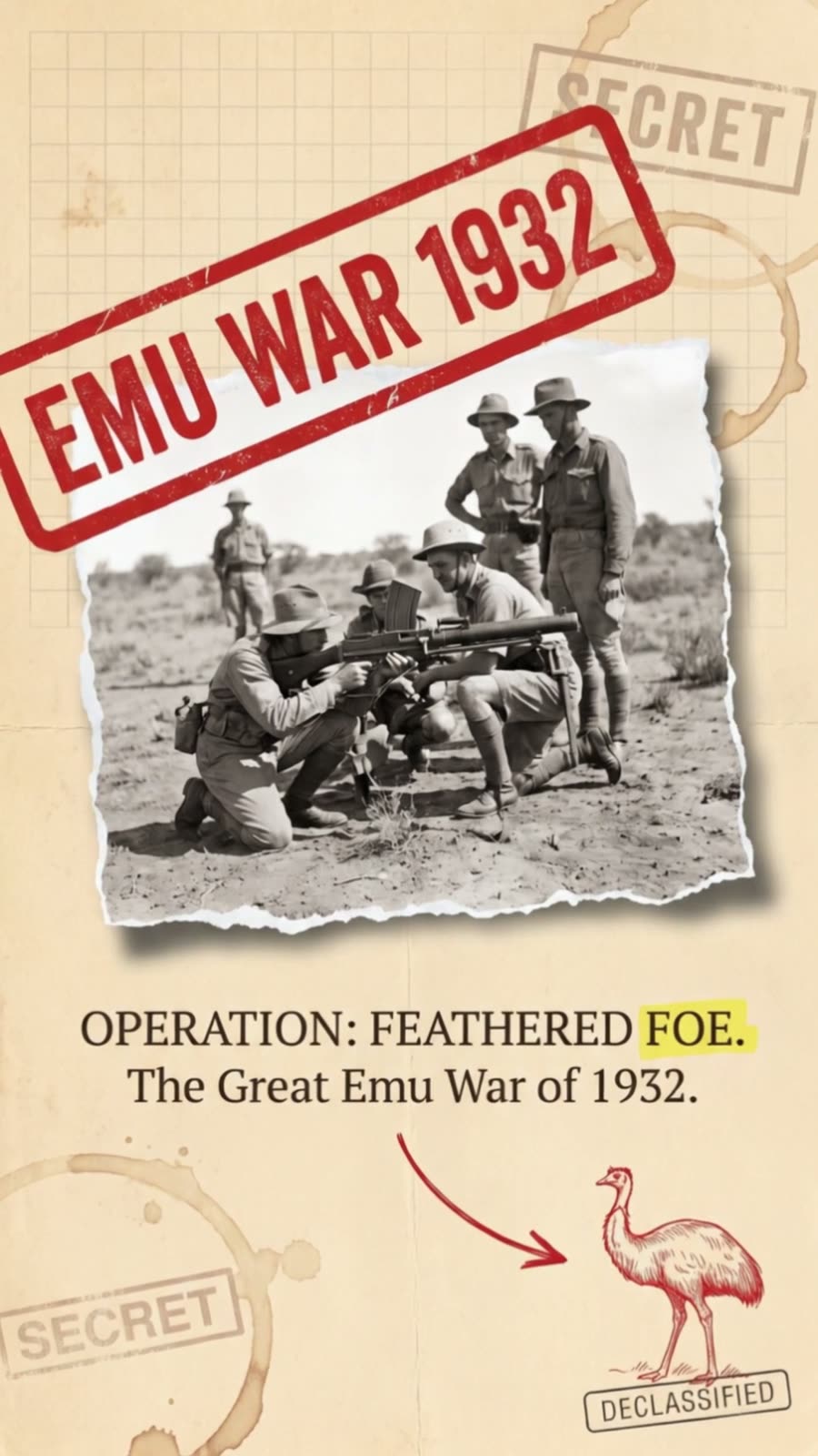 AI-generated title frame from a short history film about the Great Emu War