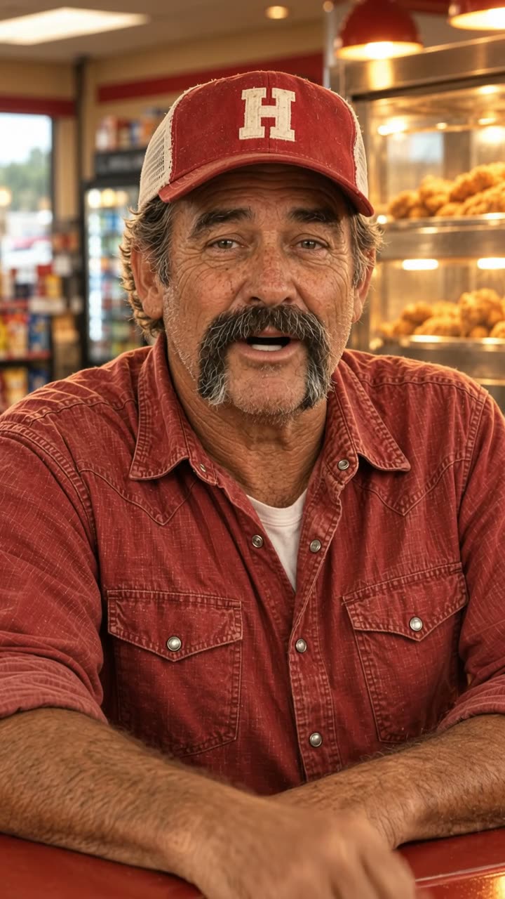 Hollis talks, behind the counter, AI-generated film still from Hollis Hot Chicken (concept, unlaunched)
