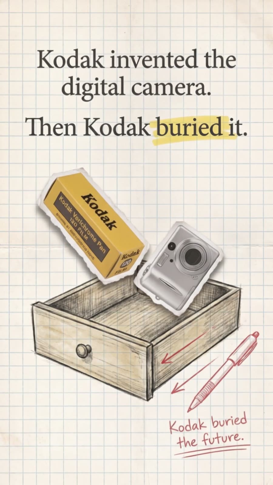 Kodak buried the future: AI-generated film still from Faceless history series